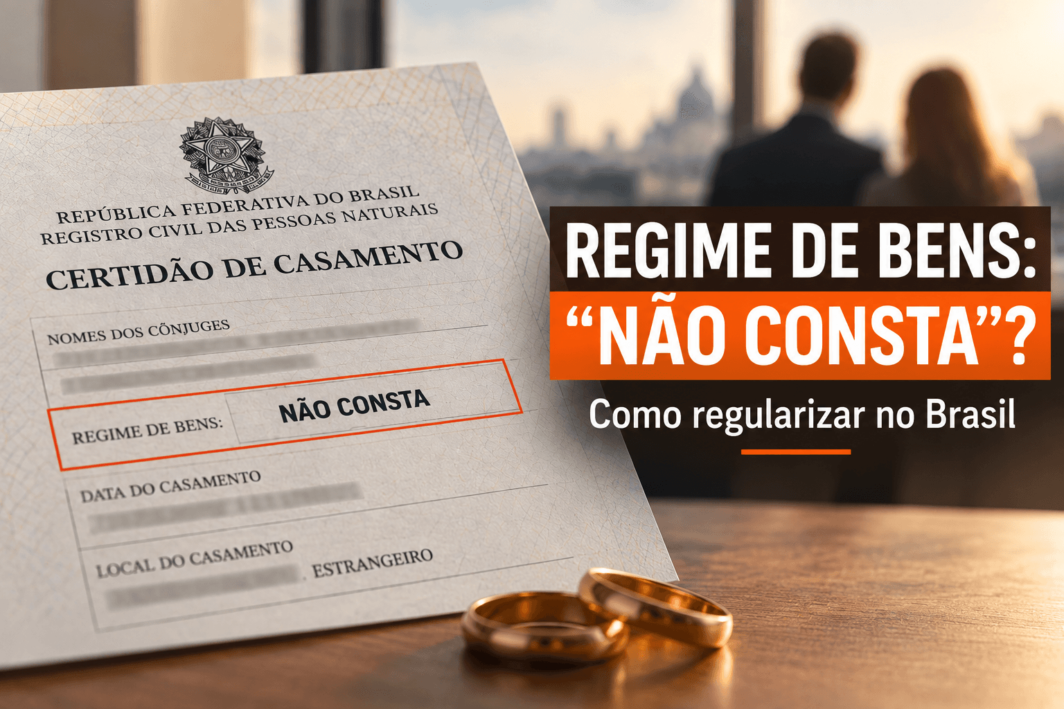 Certidão de casamento realizado no exterior com a informação “regime de bens: não consta”, representando a regularização do regime de bens no Brasil.